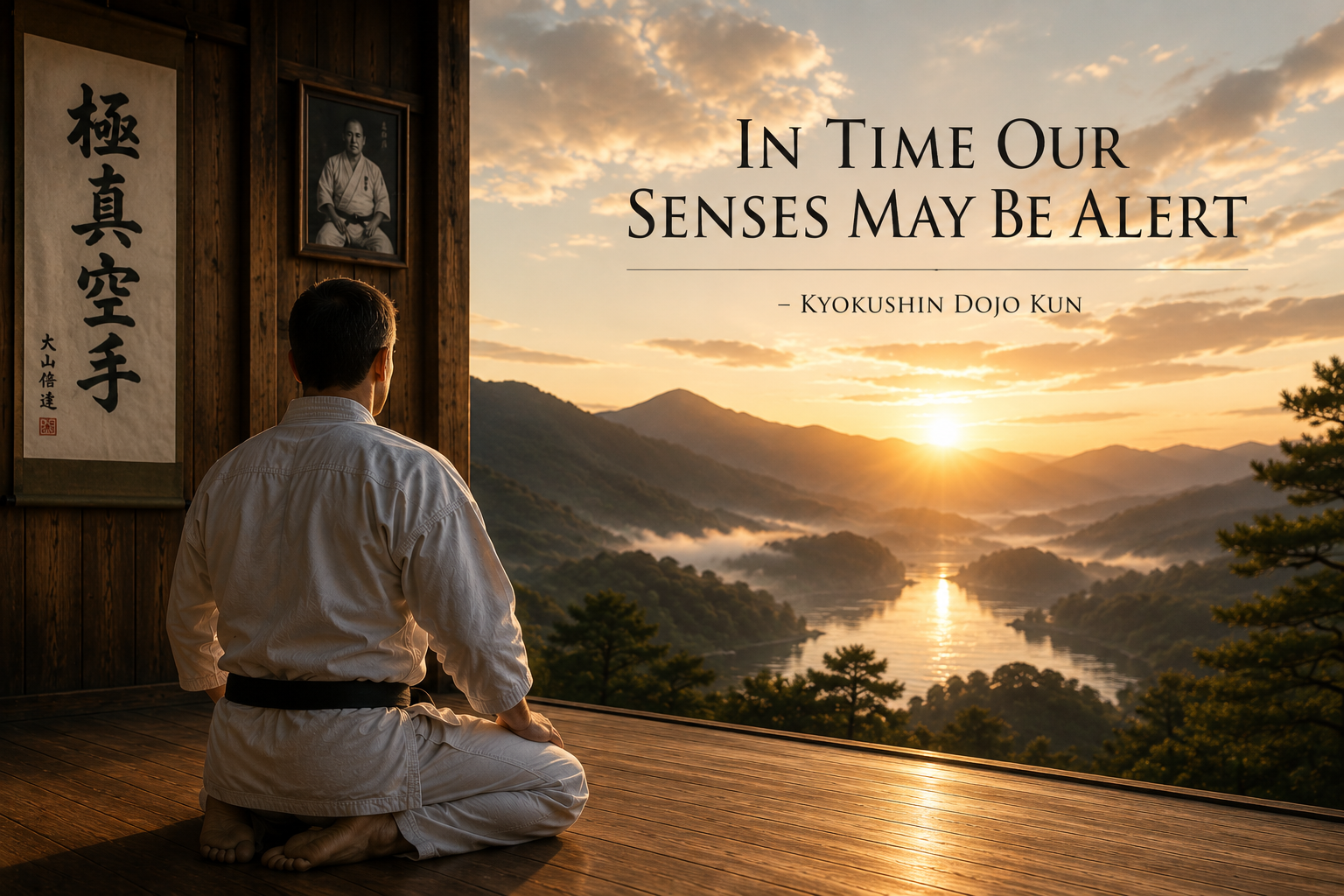 Karate practitioner seated in meditation inside a traditional dojo overlooking a mountain landscape at sunrise beneath the title “In Time Our Senses May Be Alert.”