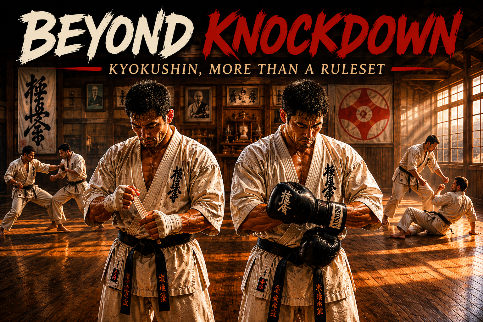 Digital illustration titled “Beyond Knockdown – Kyokushin, More Than a Ruleset” featuring two Kyokushin karate practitioners in a traditional dojo, one wrapping bare hands and the other wearing boxing gloves, with knockdown sparring and grappling training taking place in the background.