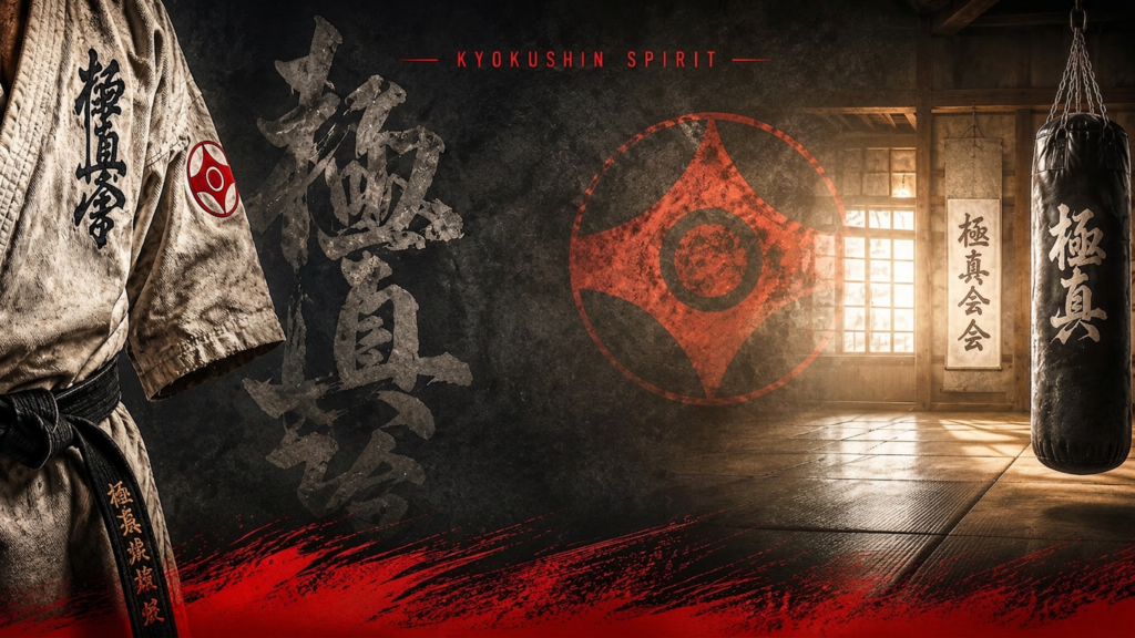Kyokushin Karate themed banner featuring a karate gi with Kyokushin kanji, dojo interior, heavy bag, and Kyokushin emblem in a dramatic cinematic style.
