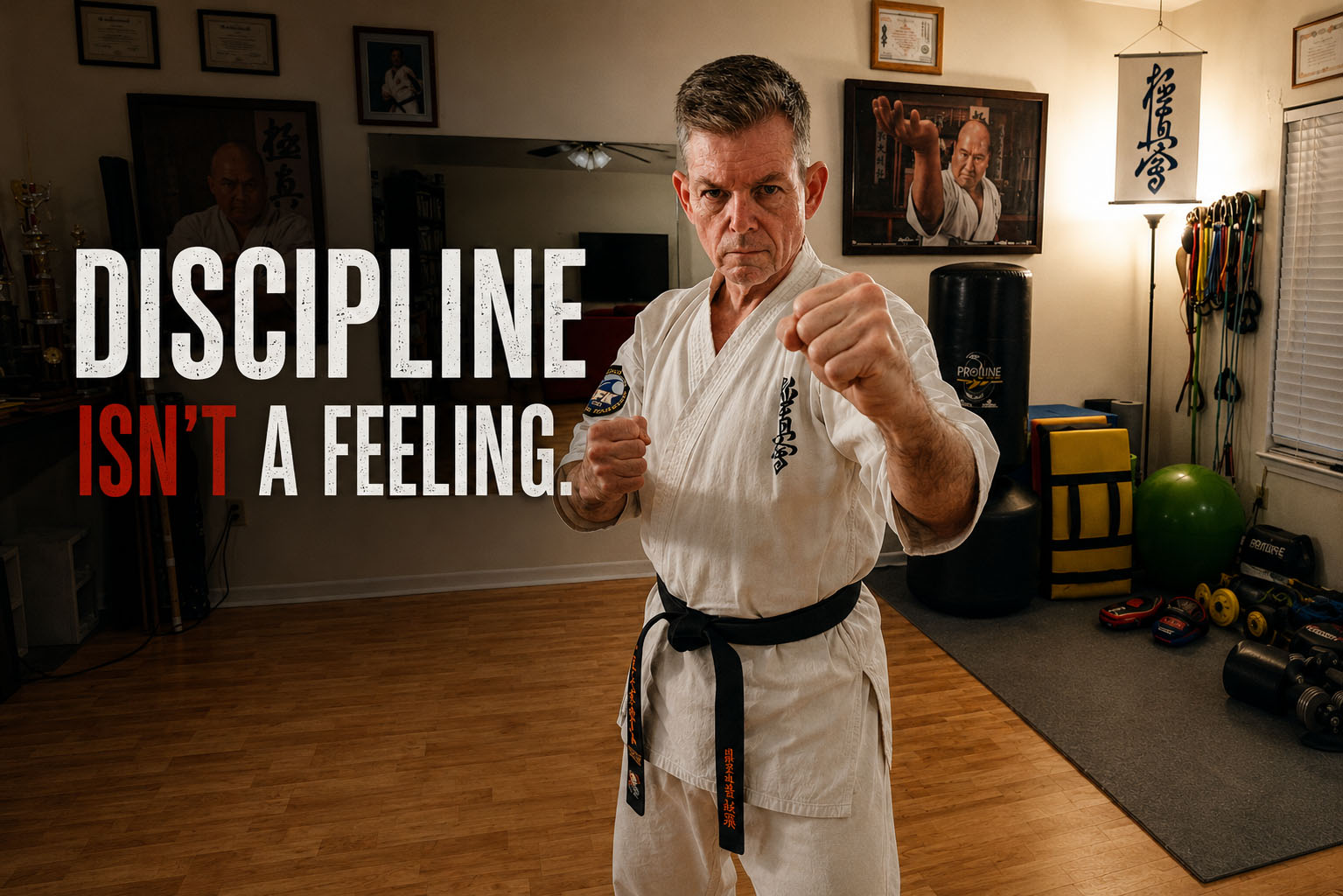Bill Stewart in fighting stance in his home dojo, with the words "Discipline Isn't a Feeling"