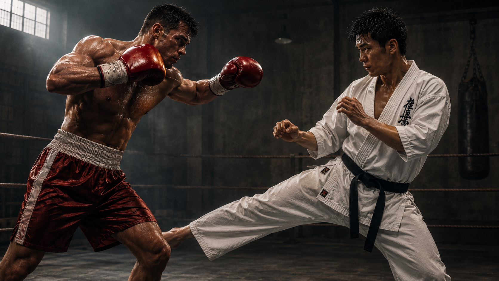 Boxer in red gloves faces a Kyokushin karate fighter in a white gi throwing a low kick in a gritty dojo.
