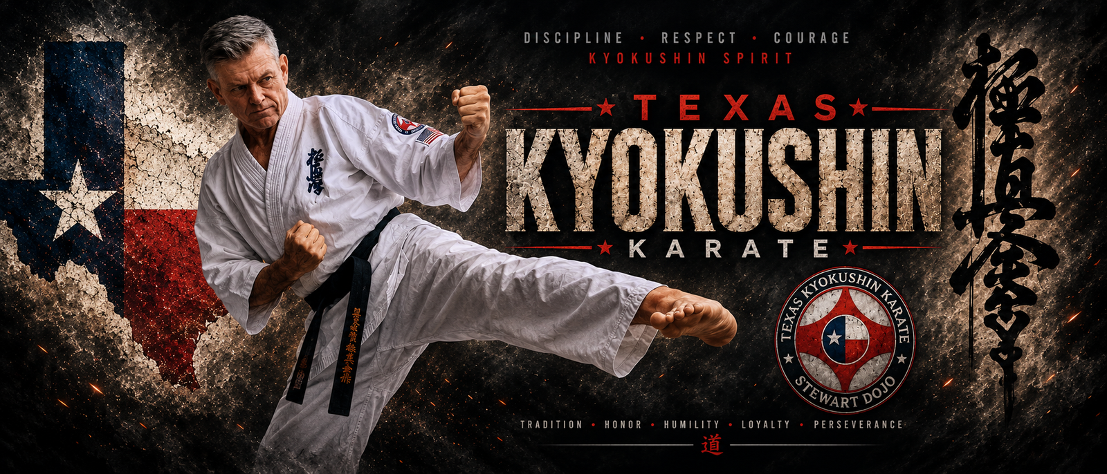 Bill Stewart performing a side kick in a Kyokushin karate gi and black belt, with Texas-themed artwork, Kyokushin kanji, and the Texas Kyokushin Karate Stewart Dojo emblem.