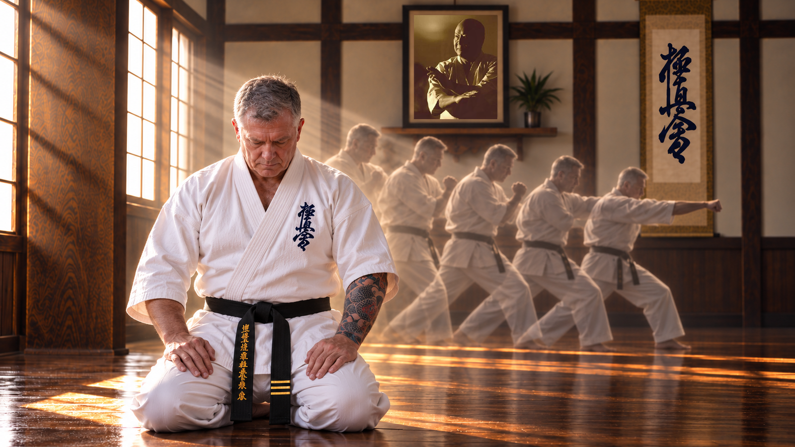 Kyokushin karate practitioner kneeling in seiza as repeated training movements appear behind him, with a portrait of Mas Oyama on the dojo wall.
